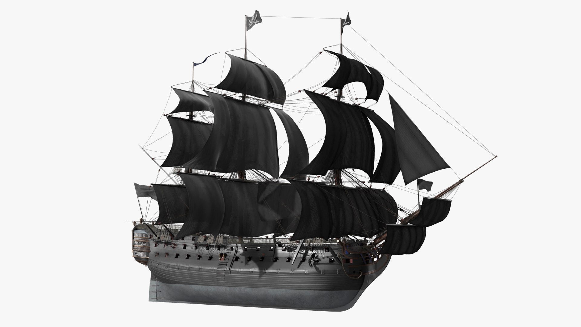 Dark Pirate Sailing Ship with Black Sails 3D model preview