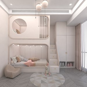 3D Twin Kids Bedroom with Bunk Beds