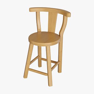 Rustic Farmhouse Wooden Bar Stool with Curved Backrest 3D model