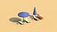 Low-Poly-Sonnenliegen und -schirme