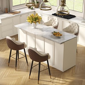 3D Farmhouse Style Kitchen Island with Bar Stools Kitchen Interior 3D Scene model