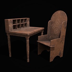 Elegant Short Writing Desk and Wooden Chair 3D