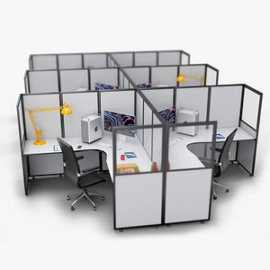 Open Plan Office Cubicle Furniture Set with Chairs 3D model