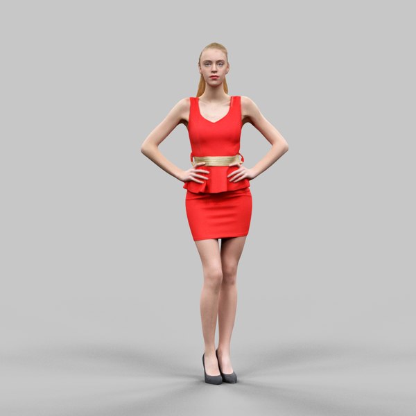 modelo 3d Mujer en vestido rojo Cinturón dorado y tacones posando 1 -  TurboSquid 1001929
