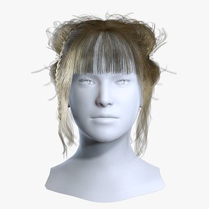 3D Braided Twin Buns Haircut with Fringe - Real-time Hair Cards