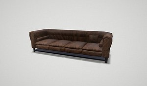 3D Game asset Brown Leather Four-Seater Sofa with Cushion