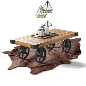 Industrial Coffee Table Cart Set for interior: cow carpet, candles, hanging lamp