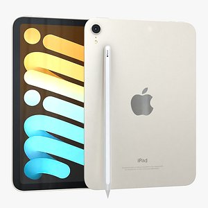 3D Apple iPad mini 2021 6th Generation Starlight with Pencil