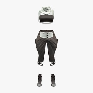 CyberPunk Scarf Tube Top Pants Boots Outfit 3D model
