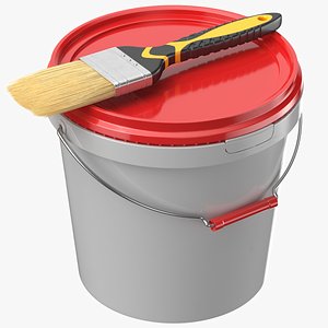 Detailed Paint Bucket With Brush 3D