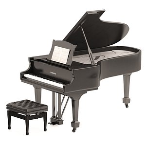 3D Yamaha Piano with stool and musical notes