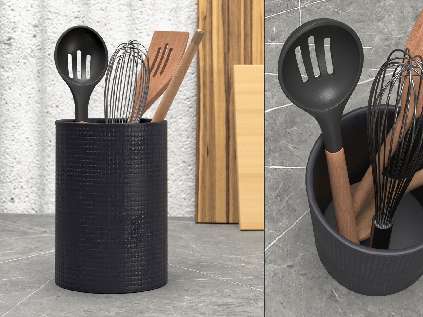 Matte Black Utensil Holder model https://p.turbosquid.com/ts-thumb/PA/3GVu0W/O7/matteblackutensilholder_02/jpg/1702022824/1920x1080/fit_q87/4f7854f333a3172e16d4a0057473a2801fb8926c/matteblackutensilholder_02.jpg