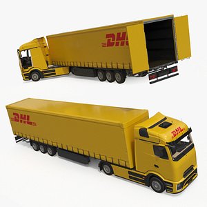 3D Electric Truck with DHL Trailer Rigged for Maya