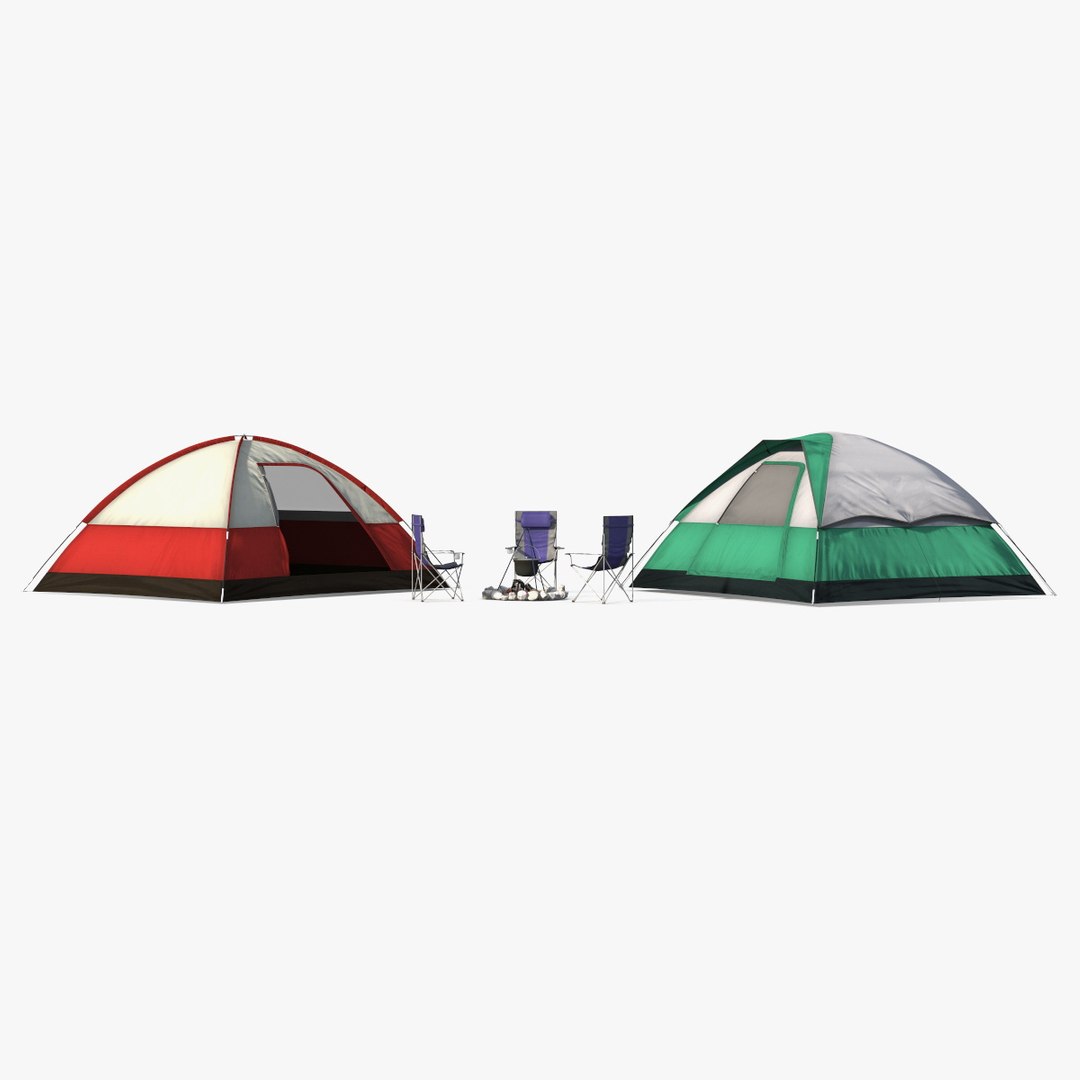 Tents and Chairs Around Campfire Pit 3D model preview