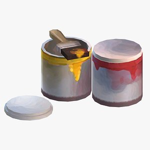 Stylized paint cans with a brush hand painted low poly models