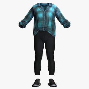 3D Realistic Female Casual Outfit - Blue Plaid Shirt  Black Leggings