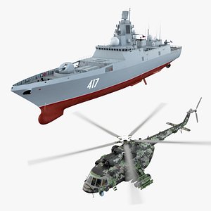 3D Russian Frigate Admiral Gorshkov with MI-171Sh Takes off Animated Rigged