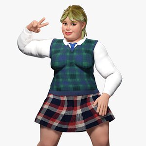 Plus-Size cartoon Student Girl with Uniform 3D Model