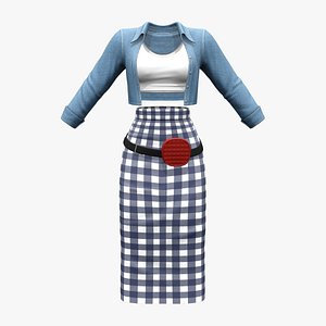 3D Casual Denim Jacket White Top Skirt Belt Outfit