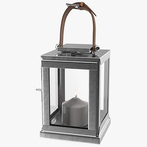 Square Glass and Metal Lantern with Candle 3D model