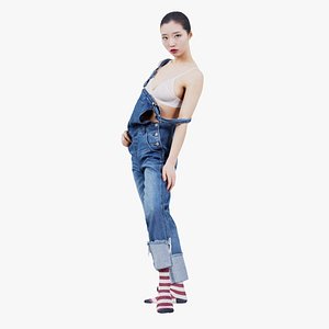 3D Asian Woman Wearing Jeans Salopet 018 Remastered