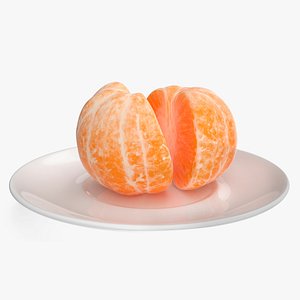 Peeled Tangerine Fruit Split in Half on White Plate 3D