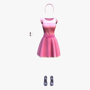 3D model Pink Barbie Full Outfit Dress With Gem Stones