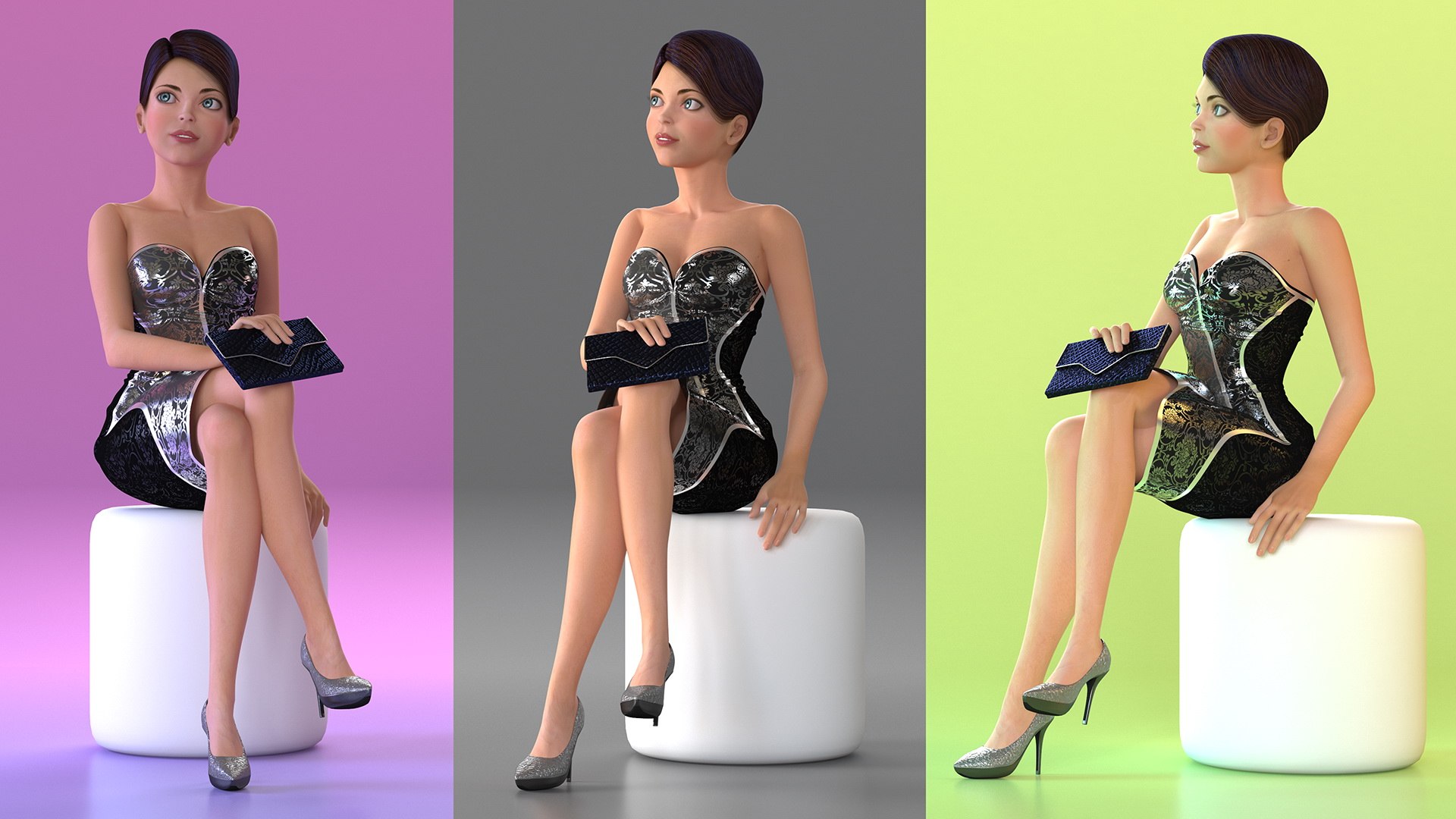 Cartoon Woman Party Clothes Sitting Pose 3D model preview