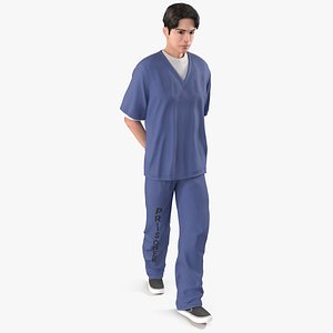 Asian Prisoner Blue Uniform in Handcuffs 3D model