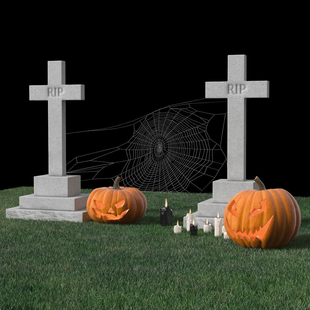 Old Cemetery with Carved Pumpkins and Candles Fur 3D model preview