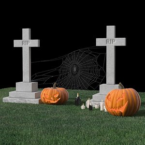 3D Old Cemetery with Carved Pumpkins and Candles Fur
