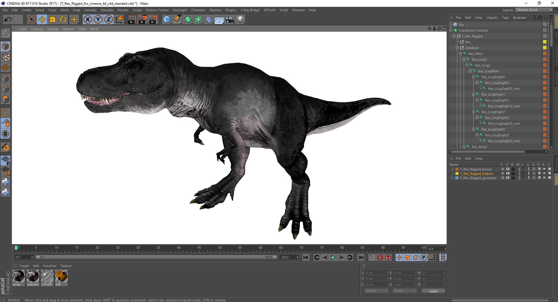 3D T Rex Rigged for Cinema 4D https://p.turbosquid.com/ts-thumb/PL/gixh63/E0/trexriggedforcinema4dvray3dmodel046/jpg/1691821429/1920x1080/fit_q87/5986ce0e6e596ca21a6bef6c92f30550485fb73e/trexriggedforcinema4dvray3dmodel046.jpg