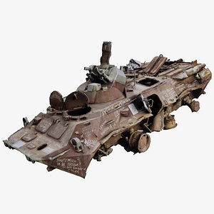 Destroyed BTR-80 burnt down wheeled amphibious armoured personnel carrier