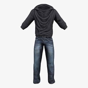Men Slim-Fit Long Sleeves Hoodies Sweater And Denim Pants Outfit