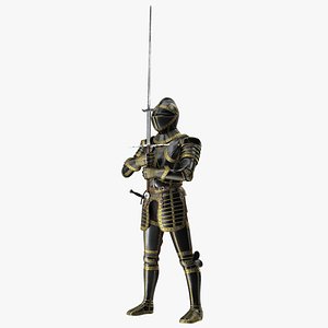 Medieval Knight Black Gold Full Armor Holding Zweihander Pose 3D model