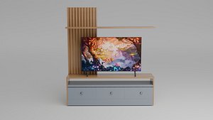 Modern TV Stand with Wooden Slats and Floating Shelf 3D
