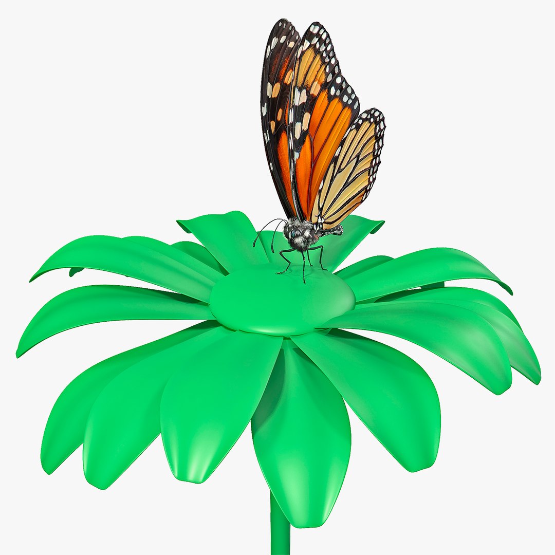 Animated Monarch Butterfly Collects Nectar from Swinging Flower Rigged for Maya 3D model preview