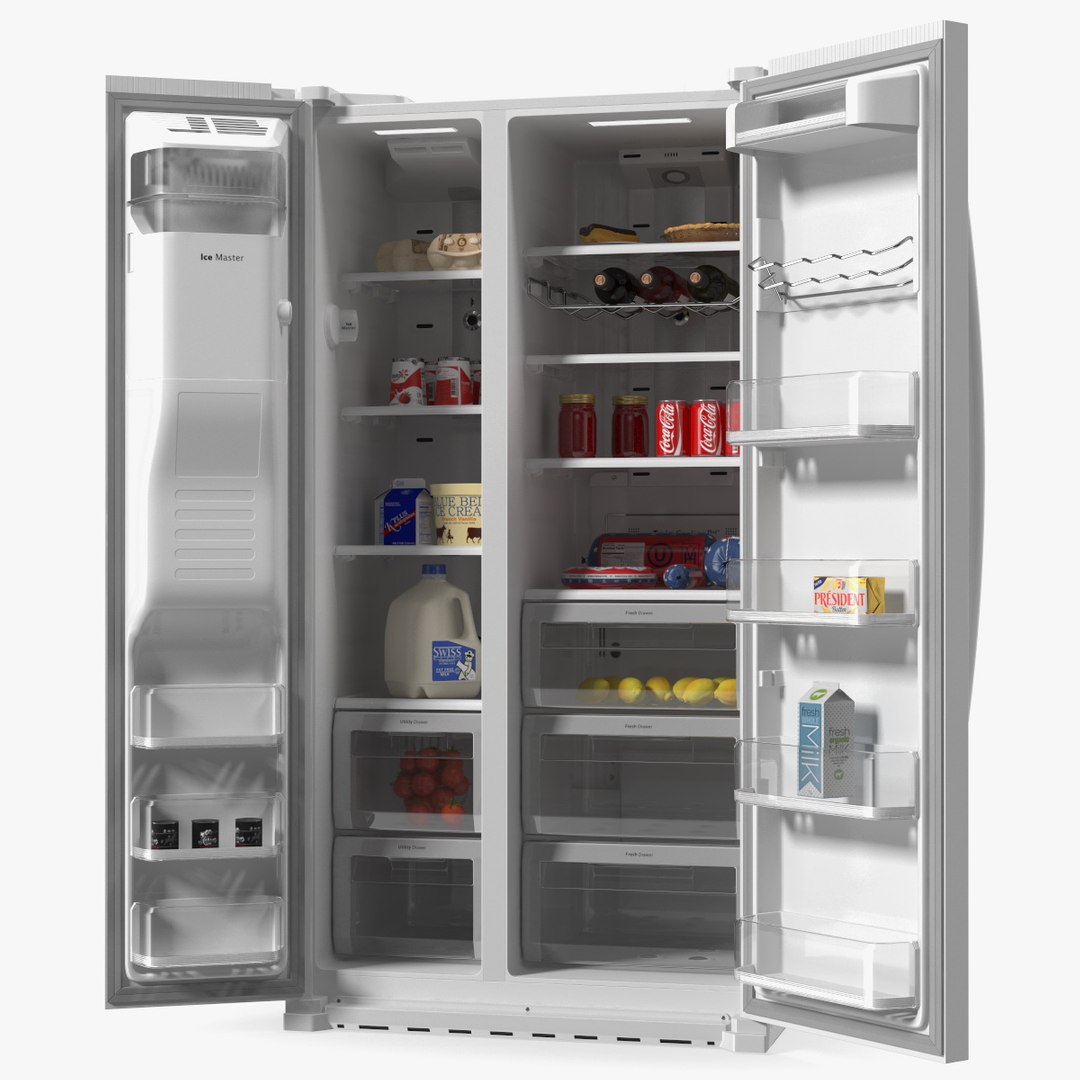 Side By Side Refrigerators Open with Products 3D model preview