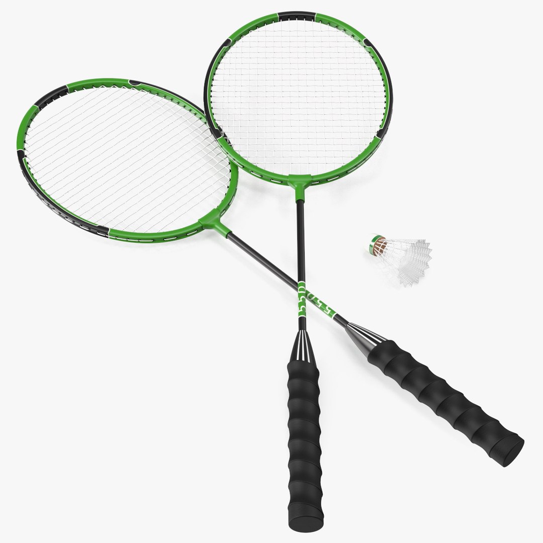 Classic Badminton Rackets with Plastic Shuttlecock Green 3D model preview