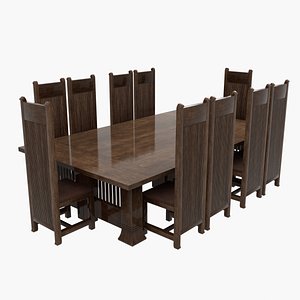 Frank Lloyd Wright Style Dining Table and Chairs 3D