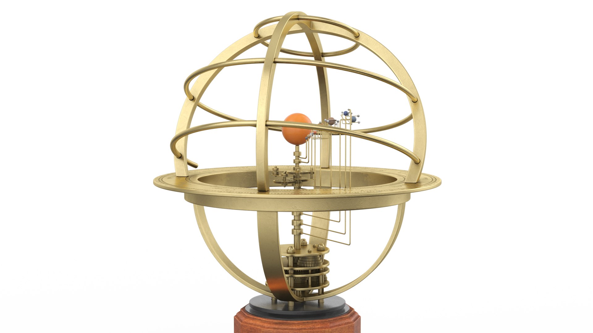 3D Model Brass Solar System Orrery With Wooden Base Rigged For Maya ...