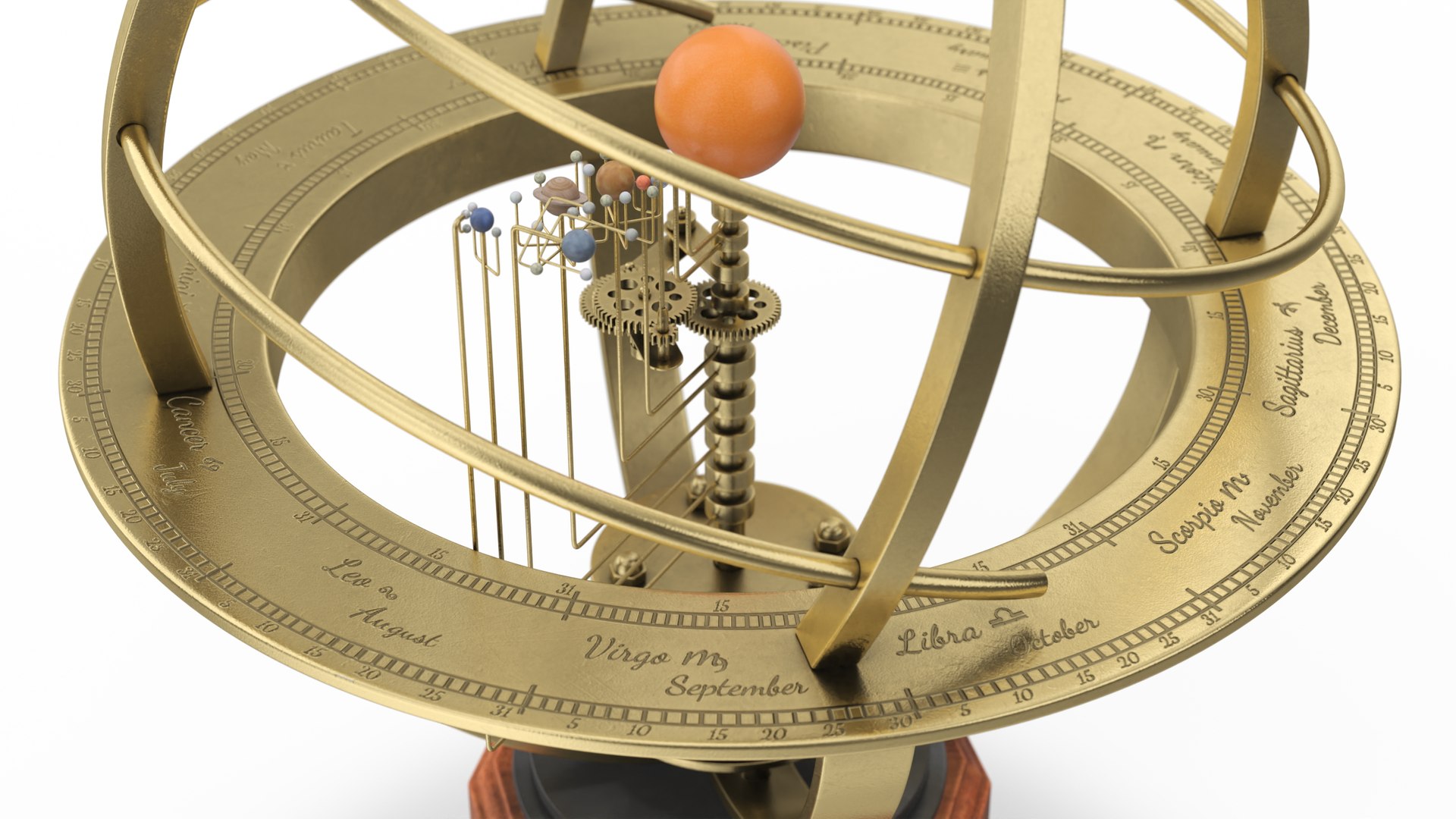 3D Model Brass Solar System Orrery With Wooden Base Rigged For Maya ...