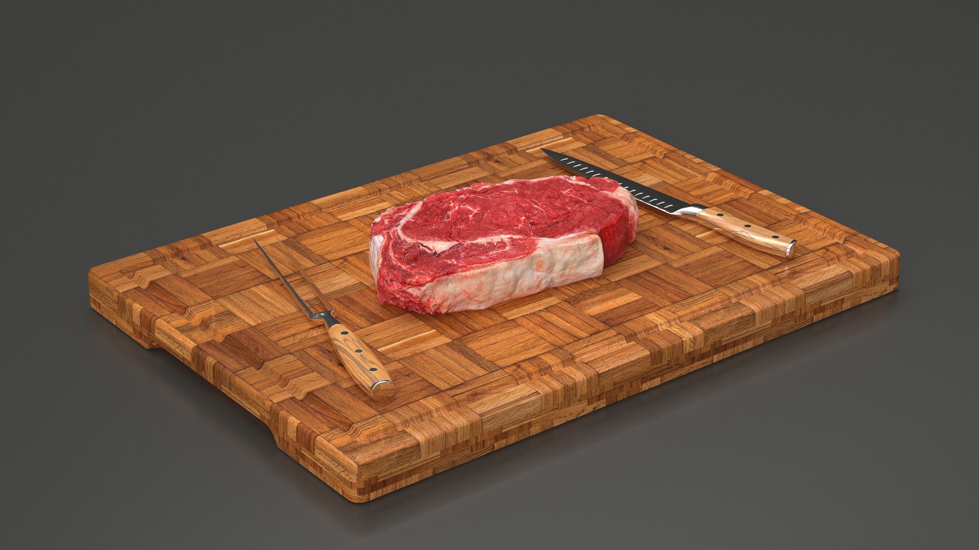 3D Raw Steak On Cutting Board With Knife And Fork - TurboSquid 2189750