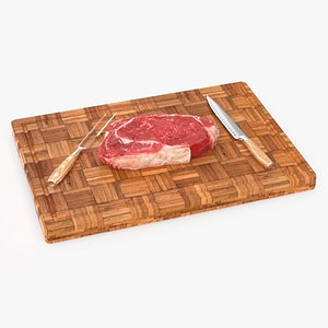 3D Raw Steak on Cutting Board with Knife and Fork