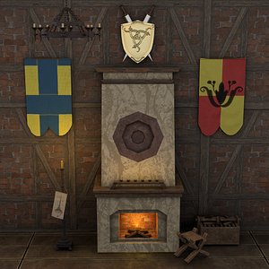 3D middle medieval fireplace props
