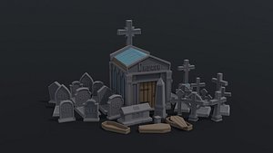 Low-poly cartoon medieval stone cemetery asset 3D model