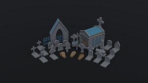 Low-poly cartoon medieval stone cemetery asset 3D model