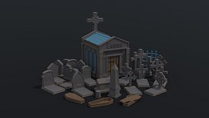 Low-poly Cartoon stone cemetery Polygonal Style