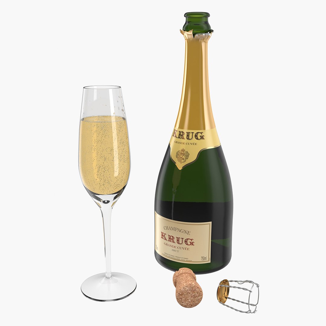 Champagne Bottle Krug Opened With Flute 3D model preview