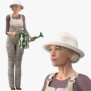 Elderly Woman Gardener with Watering Can Rigged for Cinema 4D
